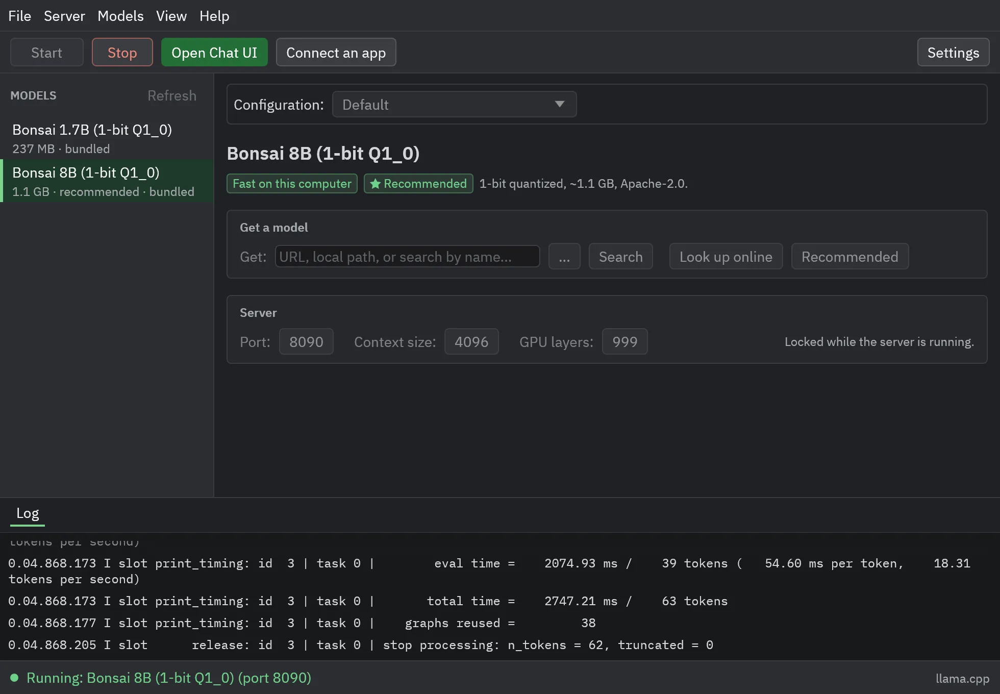 QuickAI's window running Bonsai 8B: the menu bar, the toolbar with Start, Stop, Open Chat UI and Connect an app, the models in a list on the left, the chosen model with its tags, the server's options, the log, and the status bar saying Running.