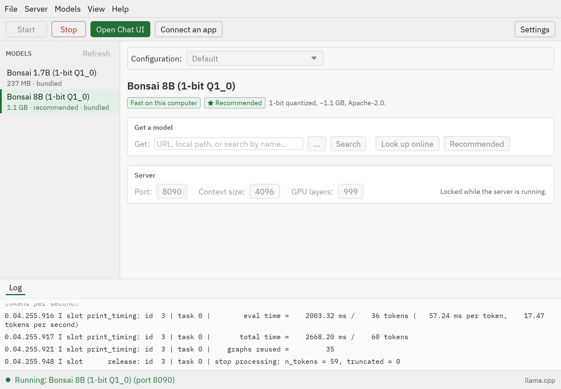 QuickAI's window running Bonsai 8B: the menu bar, the toolbar with Start, Stop, Open Chat UI and Connect an app, the models in a list on the left, the chosen model with its tags, the server's options, the log, and the status bar saying Running.
